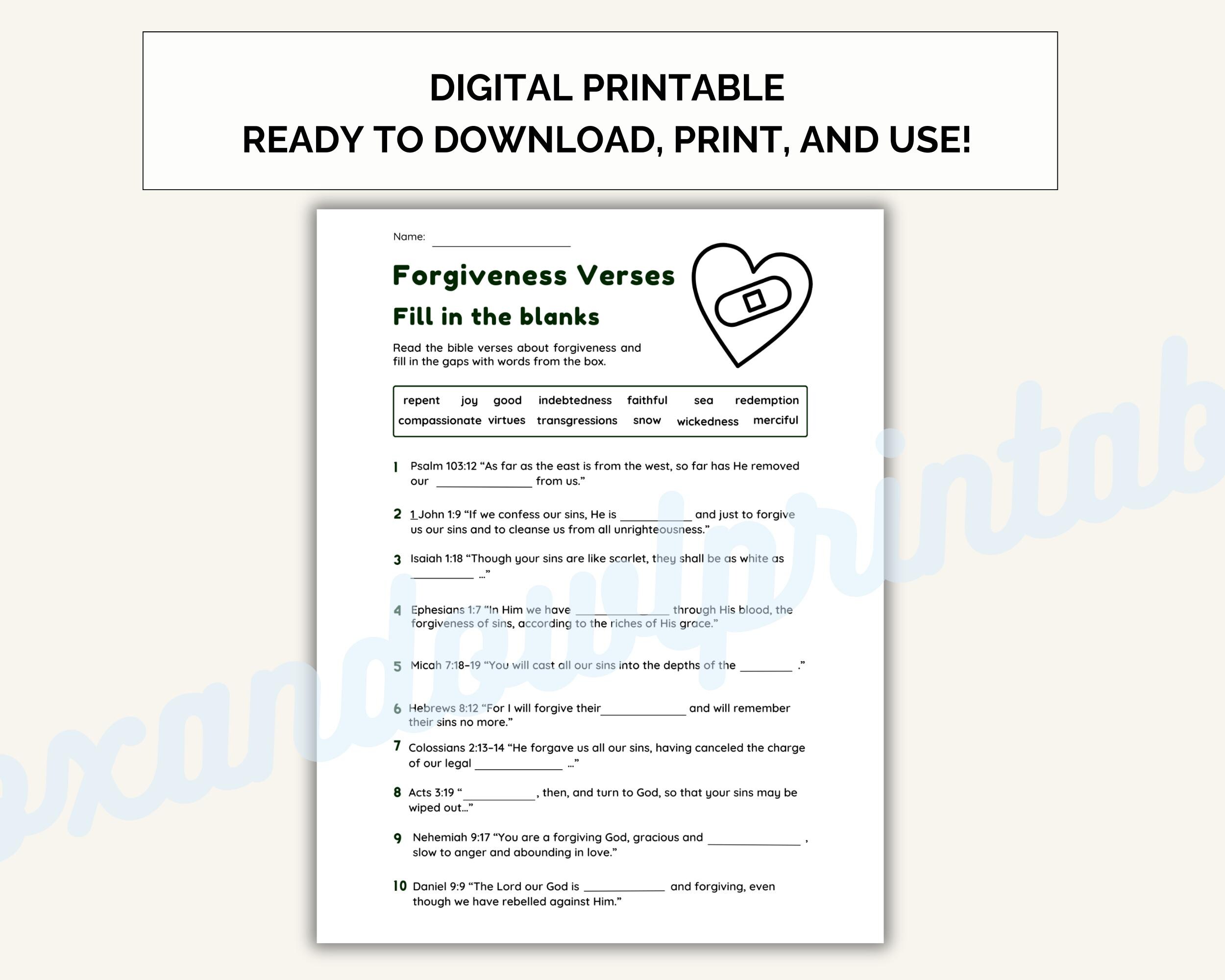 Forgiveness Bible Verse Worksheet Fill in the Blank Worksheet With ...