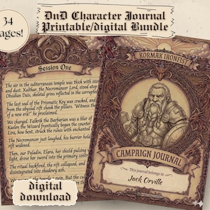 May include: A D&D character journal digital bundle with 34 pages. The journal features a vintage design with ornate borders and text. The cover includes the text "Campaign Journal" and "Kormak Ironfist". The journal is a digital download.