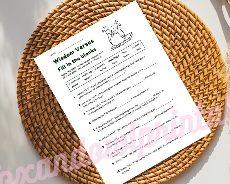 Wisdom Bible Verse Fill in the Blank Worksheet With Answer Key | Wisdom ...