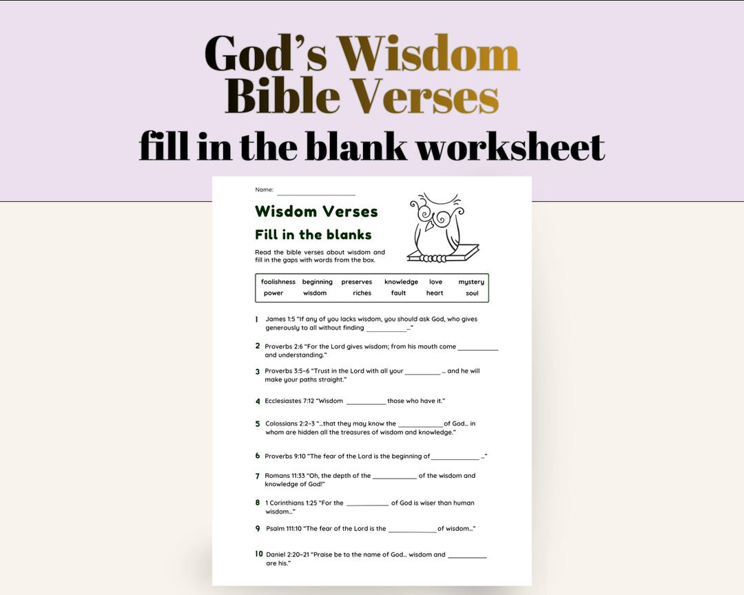 Wisdom Bible Verse Fill in the Blank Worksheet With Answer Key | Wisdom ...