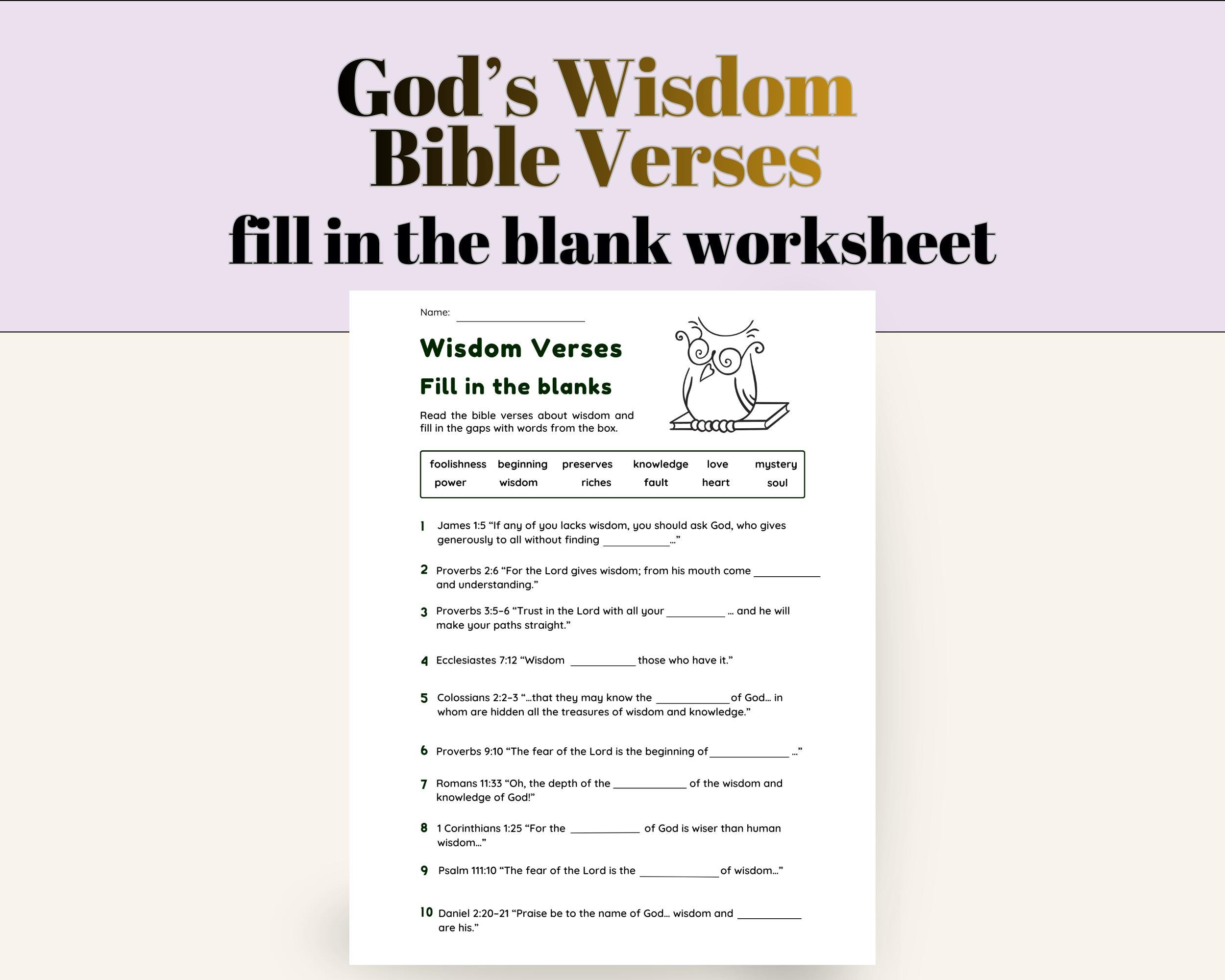 Wisdom Bible Verse Fill in the Blank Worksheet With Answer Key | Wisdom ...
