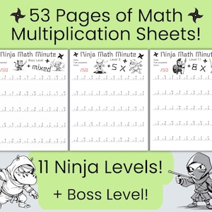 May include: A set of 53 printable multiplication worksheets featuring a ninja theme. The worksheets are divided into 11 levels, with a boss level at the end. Each worksheet has a different ninja character and a timer for completing the problems. The worksheets are designed to help children learn and practice their multiplication facts.