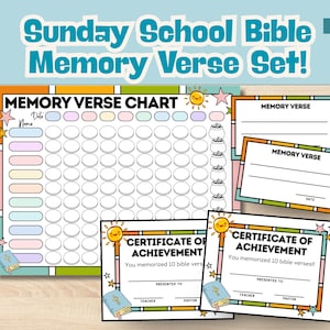 Tabla de versículos para memorizar de la escuela dominical, tarjetas de versículos para memorizar, certificado de versículos para memorizar, versículos para memorizar imprimibles digitales, decoración para la clase de la escuela dominical