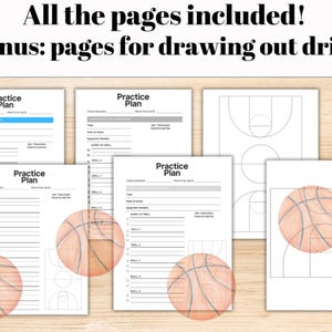 May include: A collection of basketball practice plan templates and drill drawing sheets. The documents feature headers labeled Practice Plan, fields for team details, and diagrams of basketball courts with orange ball graphics.