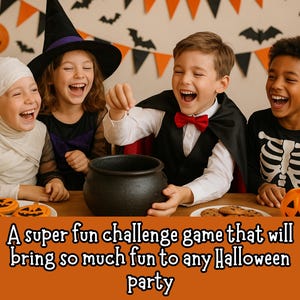 May include: Four children in Halloween costumes laugh around a black cauldron. One child is dressed as a mummy, another as a witch, a third as a vampire, and the fourth as a skeleton. The image includes Halloween decorations and the text: "A super fun challenge game that will bring so much fun to any Halloween party."