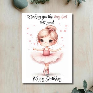 Pink Ballerina Birthday Card Printable Birthday Card for little girls who like Ballet Cute pink Ballerina Card adorable ballerina card