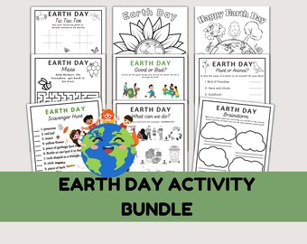 May include: A printable Earth Day activity bundle with black and white illustrations. The bundle includes a tic-tac-toe game, a maze, a scavenger hunt, a good or bad activity, a what can we do activity, a plant or animal activity, and a brainstorm activity.