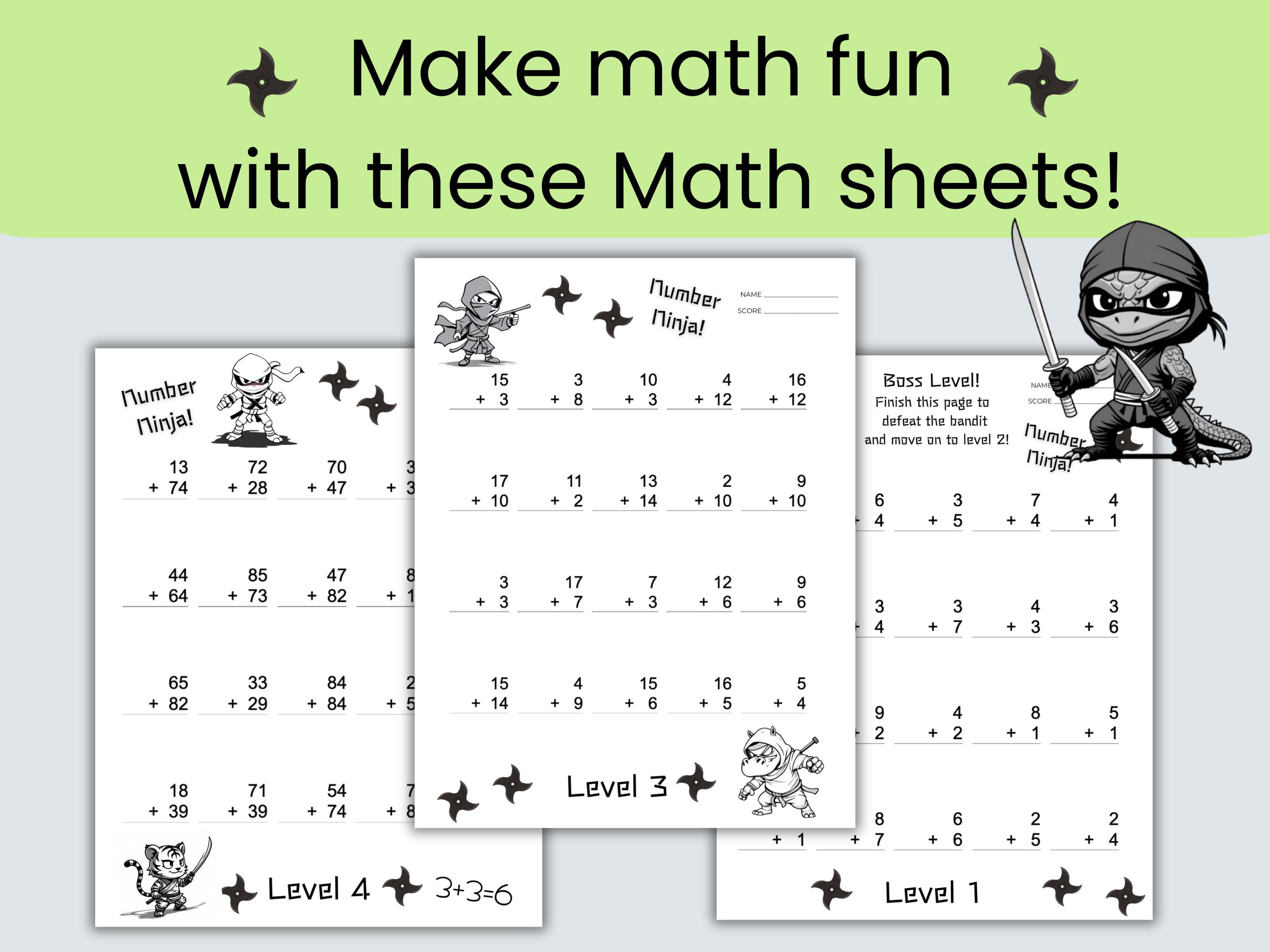 Math Addition Worksheets for School Classroom Practice at Home Ninja ...