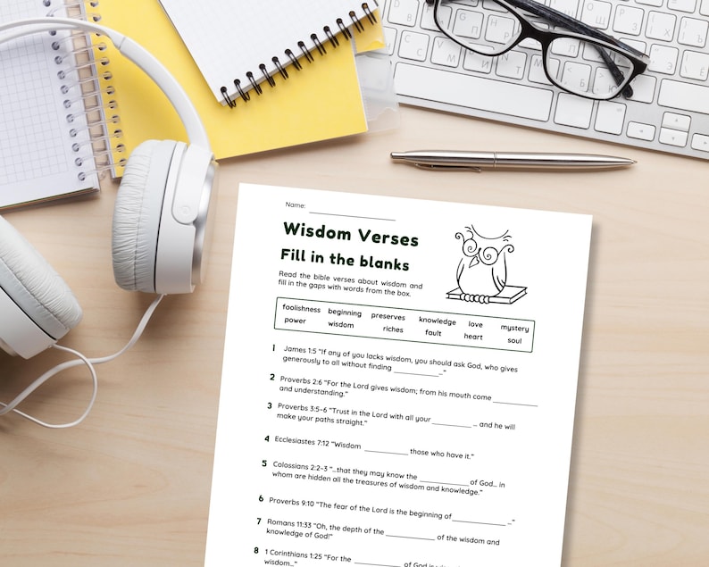 Wisdom Bible Verse Fill in the Blank Worksheet With Answer Key | Wisdom ...