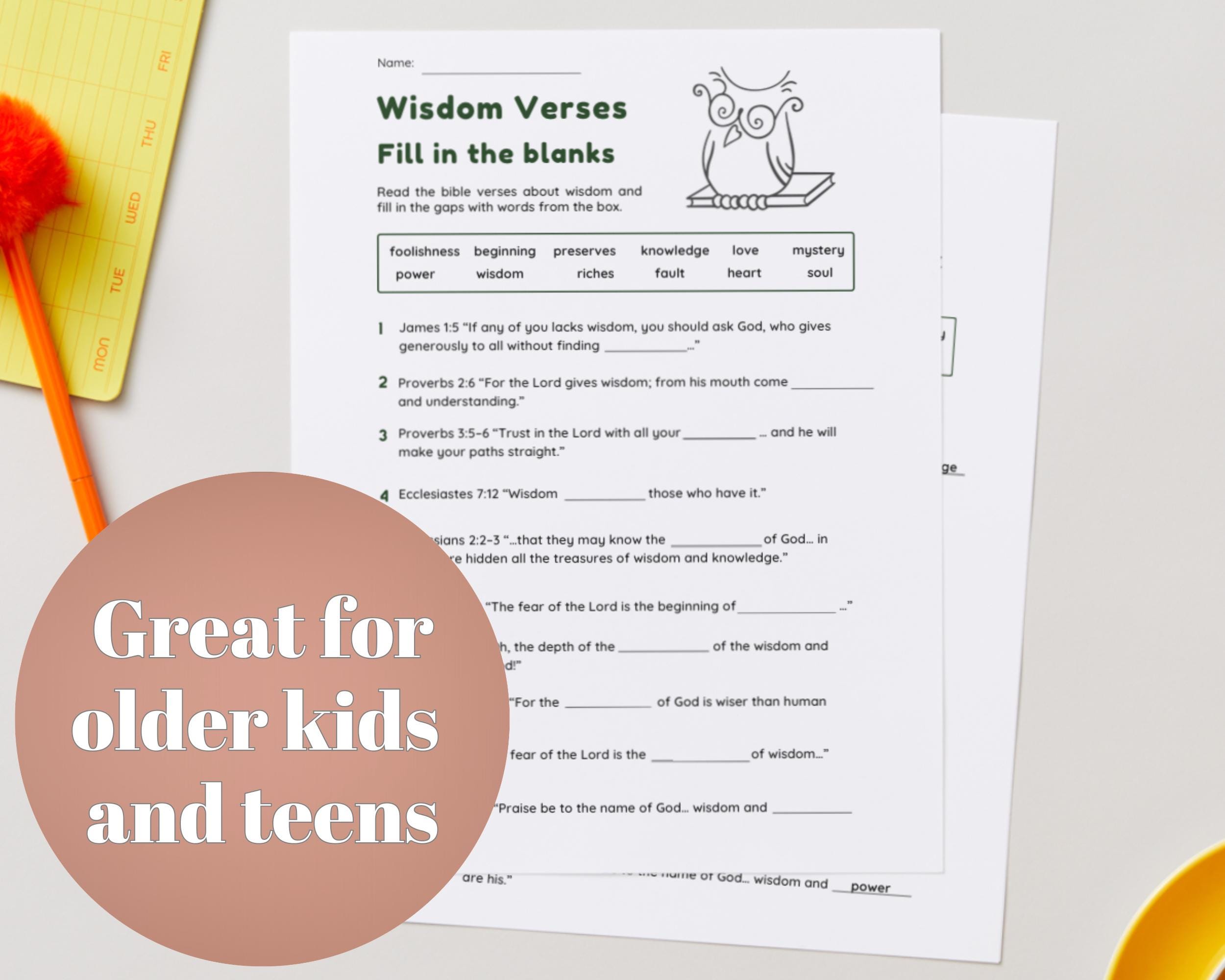 Wisdom Bible Verse Fill in the Blank Worksheet With Answer Key | Wisdom ...