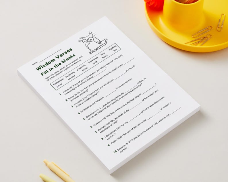 Wisdom Bible Verse Fill in the Blank Worksheet With Answer Key | Wisdom ...
