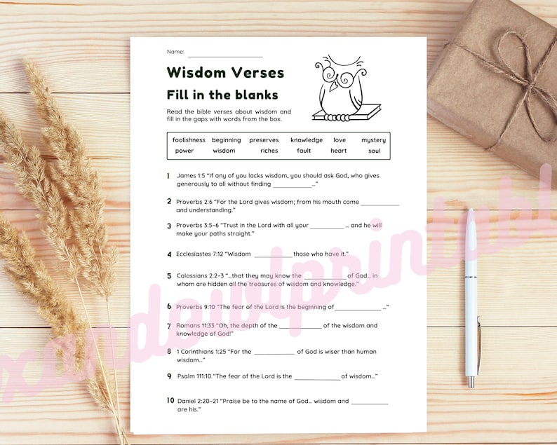 Wisdom Bible Verse Fill in the Blank Worksheet With Answer Key | Wisdom ...