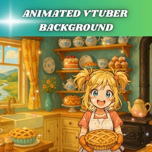 May include: Animated VTuber background featuring a cartoon kitchen scene. A smiling anime girl holds a pie. The kitchen has a window with a view of a river, shelves with dishes, and various baked goods like cakes and cupcakes. The color palette is warm and inviting.