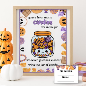 Op de afbeelding: Een ingelijst Halloween-spel met de tekst "raad hoeveel snoepjes er in de pot zitten". De afbeelding toont een cartoonpot vol snoep, omringd door Halloween-afbeeldingen. Een kleine kaart leest "Mijn gok is: Naam."