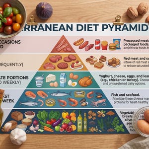 May include: A Mediterranean Diet Pyramid chart with food illustrations, including vegetables, fruits, seafood, and meats. The chart is on a wooden surface, with a bowl of tomatoes, a fig, walnuts, and a bottle of olive oil.