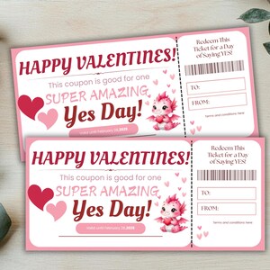Bon de réduction de billets pour la Saint-Valentin à imprimer, coupon Yes Day pour enfants ou adultes, idée cadeau de dernière minute pour la Saint-Valentin Pass Surprise Experience