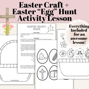 May include: An Easter activity lesson with the text "Easter Craft + Easter Egg Hunt Activity Lesson." The image includes printable pages with Easter egg and basket outlines, and the text "Everything Included for an awesome lesson!"