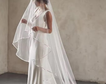 Velo de novia con borde de cinta de satén, velo de dos capas, velo corto.