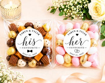 Labels en tassen zijn favoriet en haar favoriet | Aangepaste trouwstickers | Gepersonaliseerde trouwlabels | Zijn en haar favoriete bedankzakjes