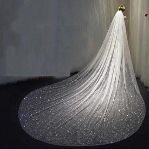 Op de afbeelding: Een lange, witte tule bruids sluier met een sprankelend, verspreid glitter ontwerp. De sluier is over een oppervlak gelegd en heeft een kathedraallengte.