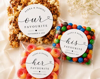 Labels en tassen zijn favoriet en haar favoriet | Aangepaste trouwstickers | Gepersonaliseerde trouwlabels | Zijn en haar favoriete bedankzakjes