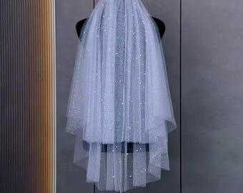 Velo de novia de dos capas Sparkle Pearl con velo corto – Velo de novia de tul brillante