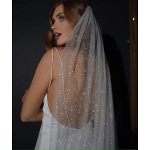 Op de afbeelding: Een witte bruids sluier met een delicaat glitterpatroon. De sluier is gemaakt van zacht tule en heeft een enkele laag.
