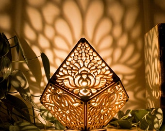 Lotus Wooden Shadow Lamp: Handmade Floral Night Light, Bedside Lighting, Yoga Lamp, Gourd lamp, Ornamented Lantern, Calm Light, Table Lamp