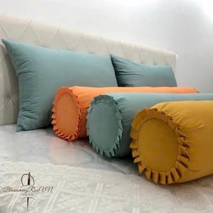 Linen Bolster Pillow COVER ONLY, Linen Bolster Case with Ruffled, Hidden Zipper,Linen Bolster Pillow Cover,Embroidered Customised Name