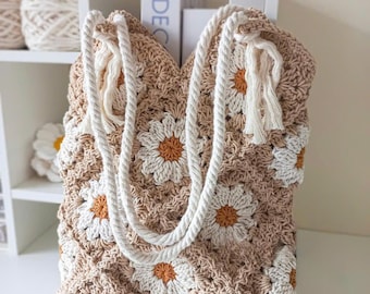 Crochet Granny Square Daisy Tote Bag, Beige Boho Purse