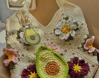 Crochet Granny Square Hobo Bag, Beige Floral Slouchy Shoulder Bag