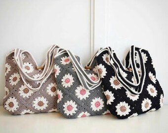 Crochet Granny Square Daisy Tote Bag, Boho Beach Shoulder Bag