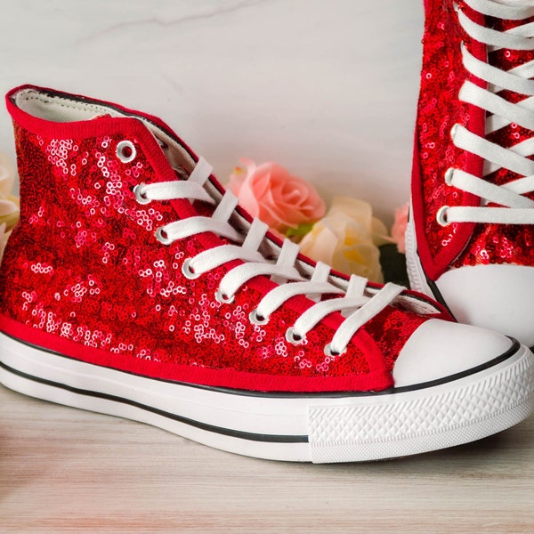 Dazzling Red Sequin High Top Sneakers - Perfect for a Glitzy Wedding