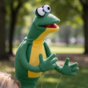 May include: A green and yellow frog puppet with large, googly eyes and a red mouth. The puppet has outstretched arms and is held up by strings. The background is a blurred outdoor scene with trees.