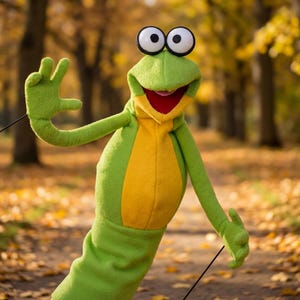 May include: A green and yellow frog puppet with large googly eyes and a red mouth. The puppet is posed outdoors with its arms raised in a friendly gesture. The background features a blurred autumn scene with trees and fallen leaves.