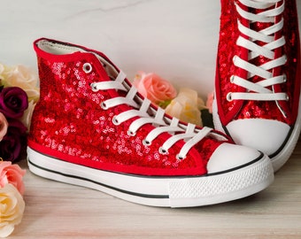 Dazzling Red Sequin High Top Sneakers - Perfect for a Glitzy Wedding