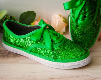 Wedding Sneakers for Bride Sparkle, Green Canvas Sneakers, Shamrock Green Sequin Sneakers, Shamrock Green Shoes, Green Wedding Shoes