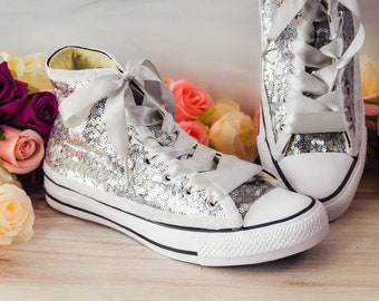 Silver Sequin High Top Sneakers, Wedding Sneakers for Bride, Sparkle Sneakers, High Top Tennis Shoes, Christmas Holiday Shoes, Costume Shoes