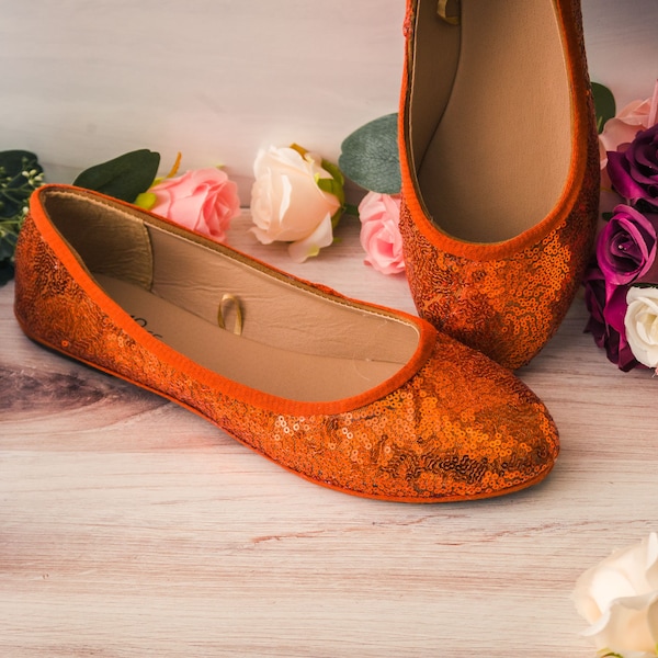 Orange shoes for women, Orange Sequin Ballet Flats Women, Flat wedding shoes for bride, bridesmaid gift ideas