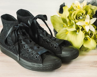 Black Wedding Sneakers for Bride, Black Lace Monochrome High Top Sneakers, Gothic Brides, Bridesmaid Gifts, Homecoming Dress, Prom Shoes