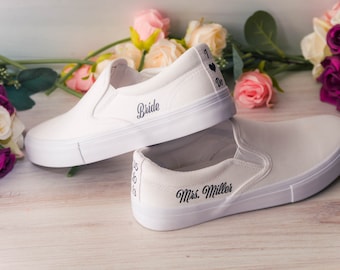 Trendy Bride, Personalized Text Bridal White Wedding Slip On with Name, Date or Phrase, Custom Slip On Sneakers, Bridesmaid, Reception Shoes