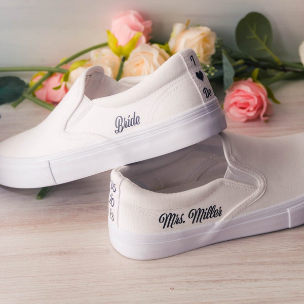 Personalized Text Bridal White Wedding Slip On with Name, Date or Phrase, Bride, Bridesmaid, Reception Shoes
