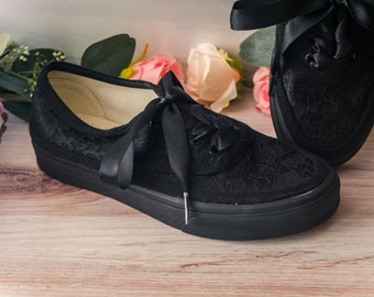 Gothic Black Sneakers for Women, Black Lace Monochrome Sneakers, Flat Wedding Shoes, Black Wedding Shoes, Black Sneakers for Women