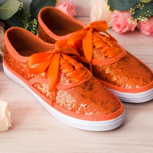 Orange Sequin Sneakers, Wedding Shoes, Custom Shoes, Gifts for Her With Ribbons