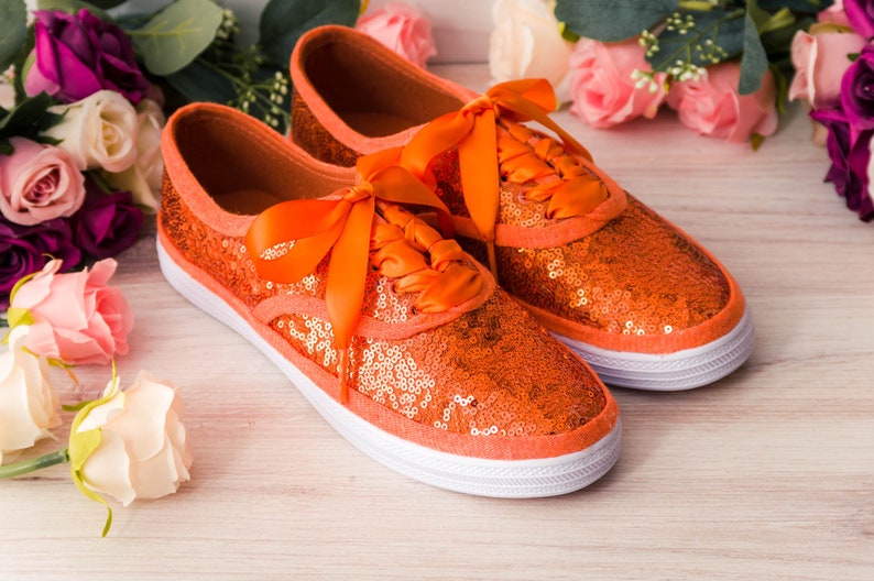 Orange Sequin Sneakers, Wedding Shoes, Custom Shoes, Gifts for Her With Ribbons