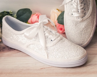 Wedding Shoes, Bridal White Sequin Canvas Sneakers, Sparkle Sneakers Women, Custom Shoes for Women, White Sneakers for Girls