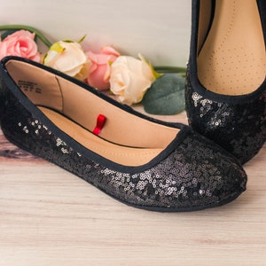 Wedding Shoes for Bride Flat, Ballet Flats with Ribbon, Bride Shoes Flat, Black Sequin Ballet Flats, Gifts for Her