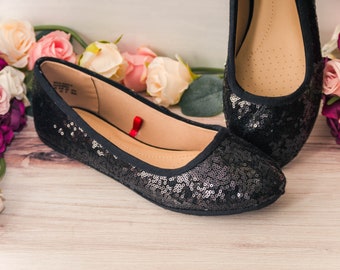 Wedding Shoes for Bride Flat, Ballet Flats with Ribbon, Bride Shoes Flat, Black Sequin Ballet Flats, Gifts for Her