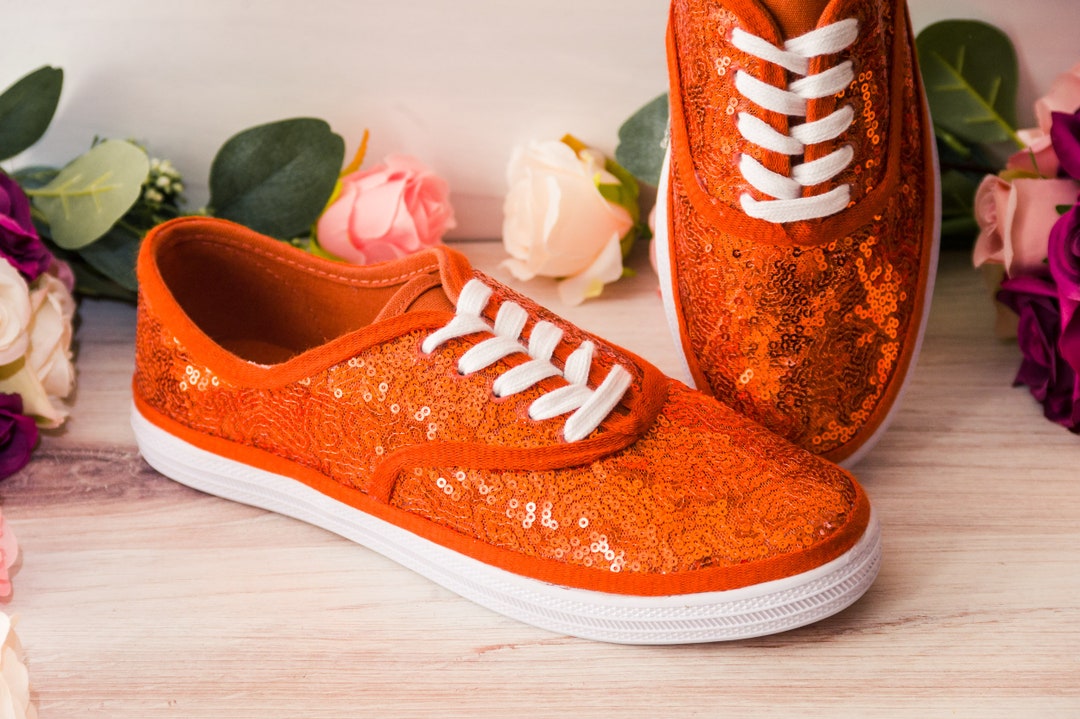 Sparkle Women Oxford Shoes , Handmade Glitter Oxford Ties Shoes / Sunrise  Orange Glitter 