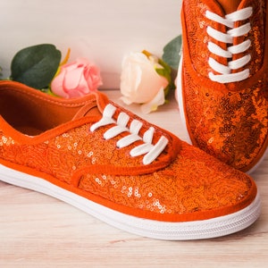 Orange Sequin Sneakers, Wedding Shoes, Custom Shoes, Gifts for Her Without Ribbons